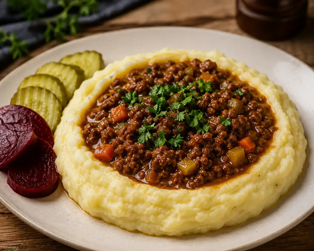 Gammeldags millionbøf med kartoffelmos