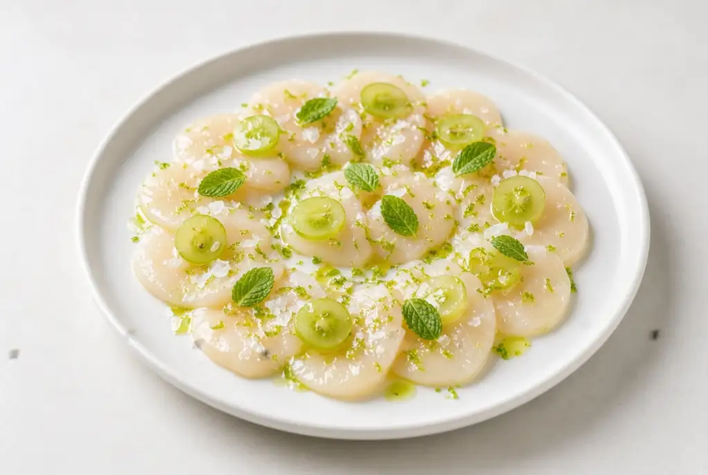 Kammusling carpaccio med grønne druer og frisk mynte.
