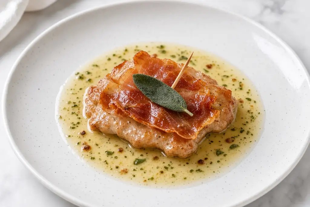 Saltimbocca, med salvie, parmaskinke og hvidvin.